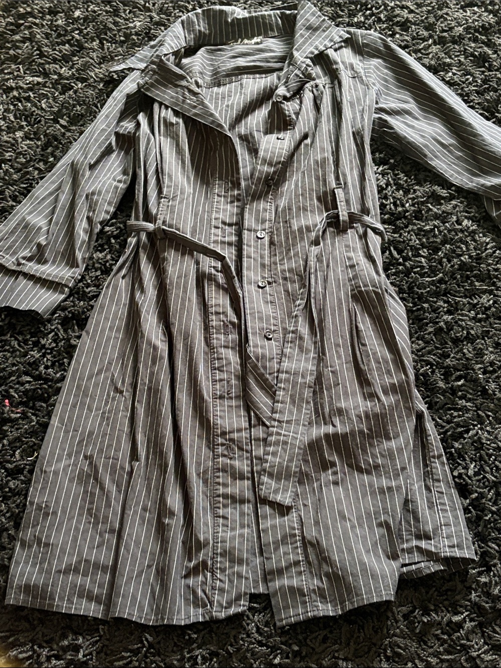 French Atmosphere Striped Gray Longline Trench Coat - Women's
